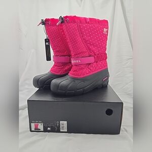 NIB Sorel Youth Flurry Print Winter Insulated Waterproof Boots Pink Size 7 Polka